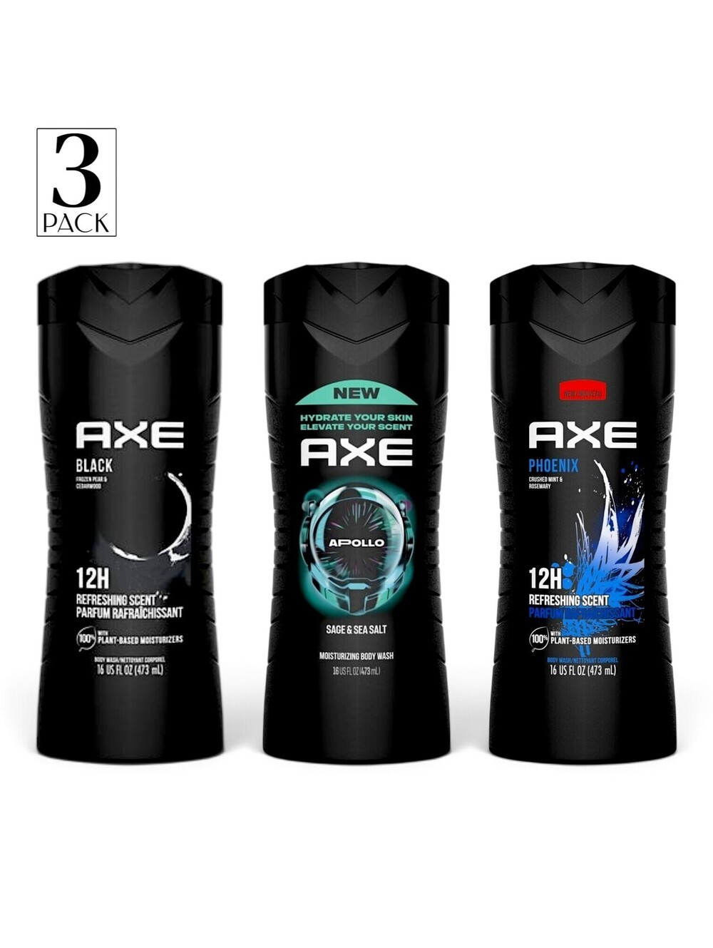3 Pack - AXE Body Wash for Men, 16 OZ Phoenix + Apollo + Black Lot New SALE